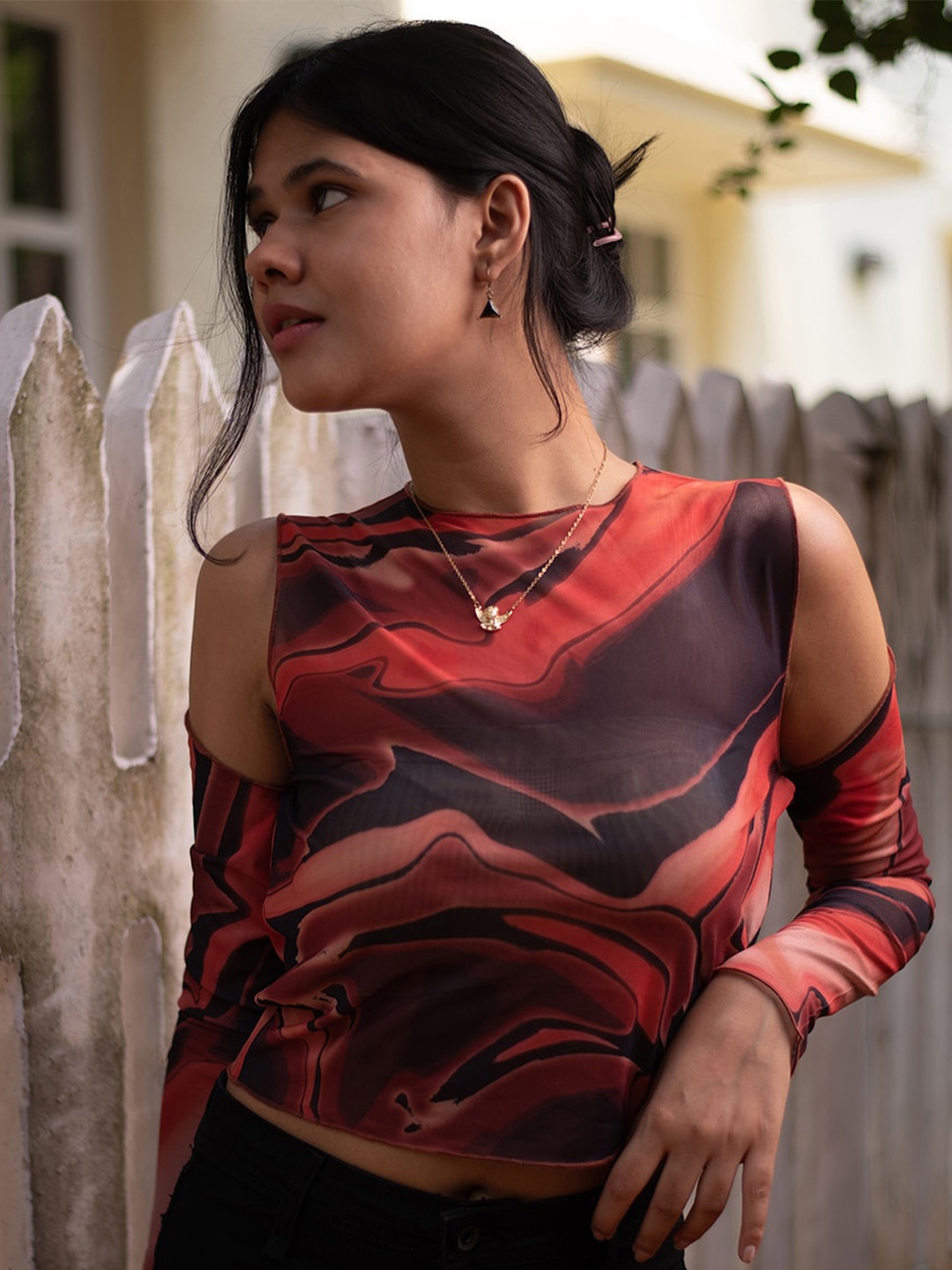 

IZF Printed Cold- Shoulder Sleeve Top, Red