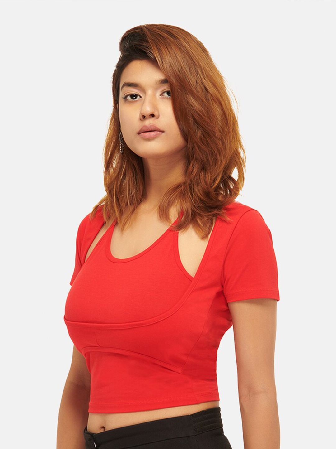 

IZF Scoop Neck Layered Cotton Fitted Crop Top, Red