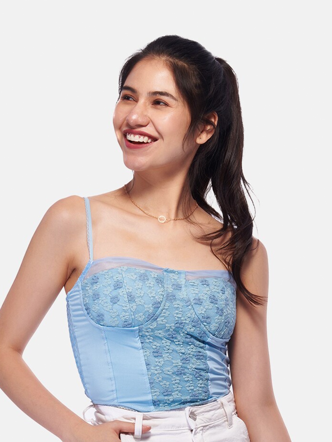 

IZF Floral Printed Shoulder Straps Lace Up Crop Top, Blue
