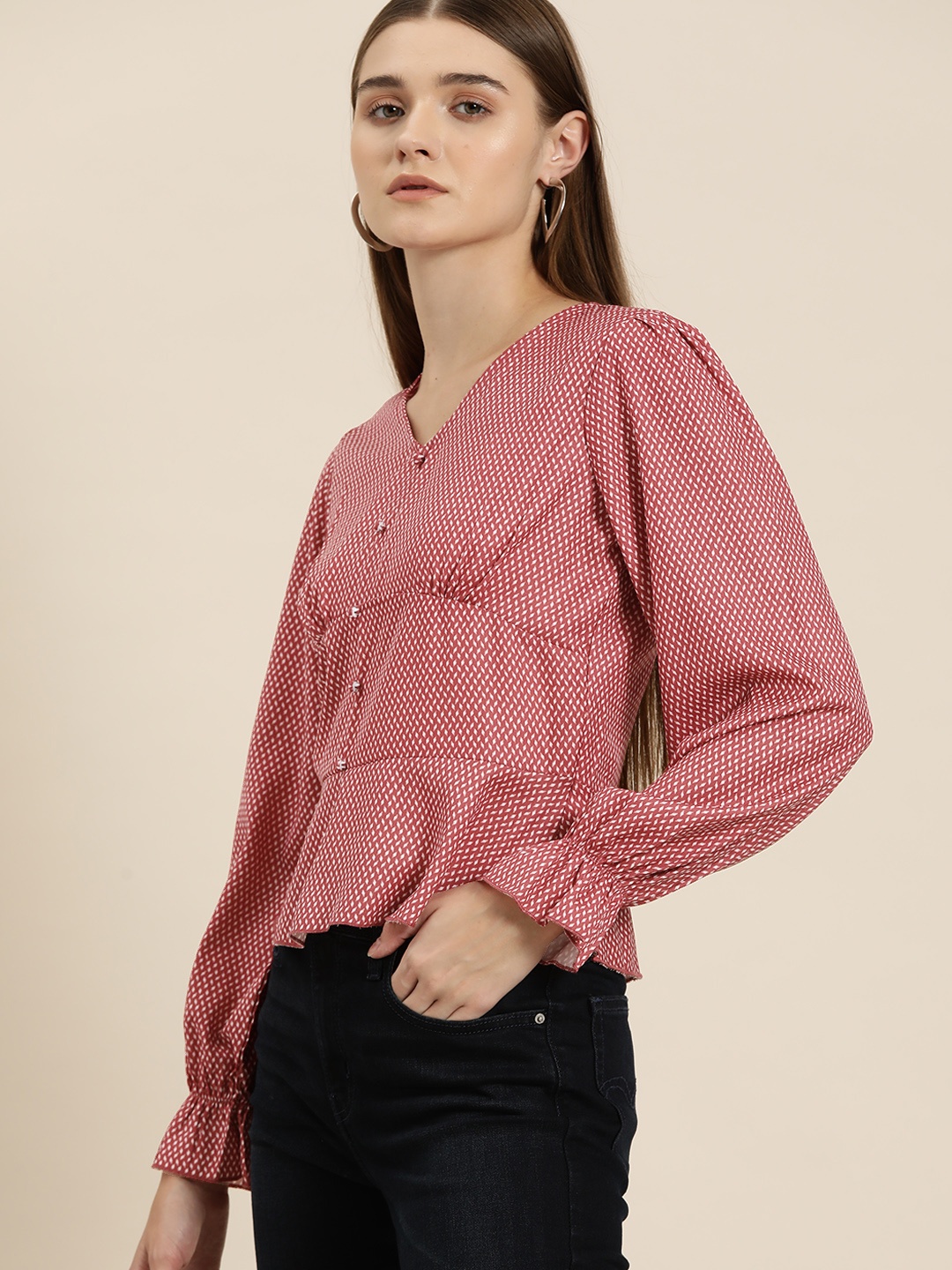 

her by invictus Print Bell Sleeve Empire Top, Maroon