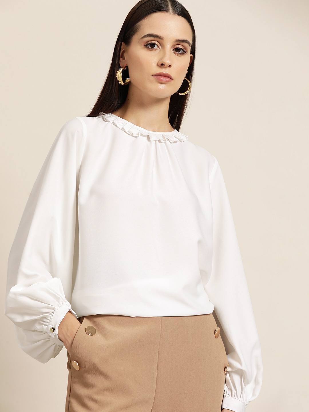

her by invictus Puff Sleeves Ruffles Detail Top, White