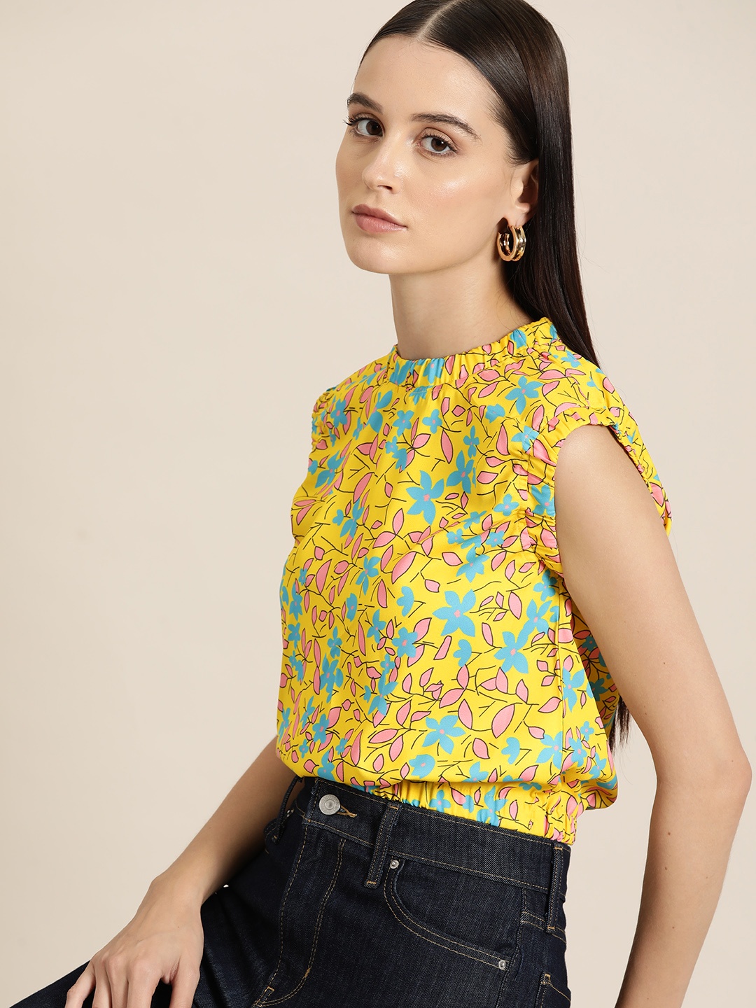 

her by invictus Floral Print Blouson Top, Yellow