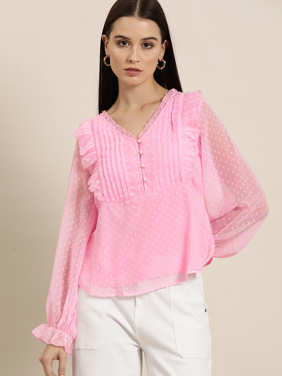 

her by invictus Pintucks Detailed Ruffled Poet Sleeves Top, Pink