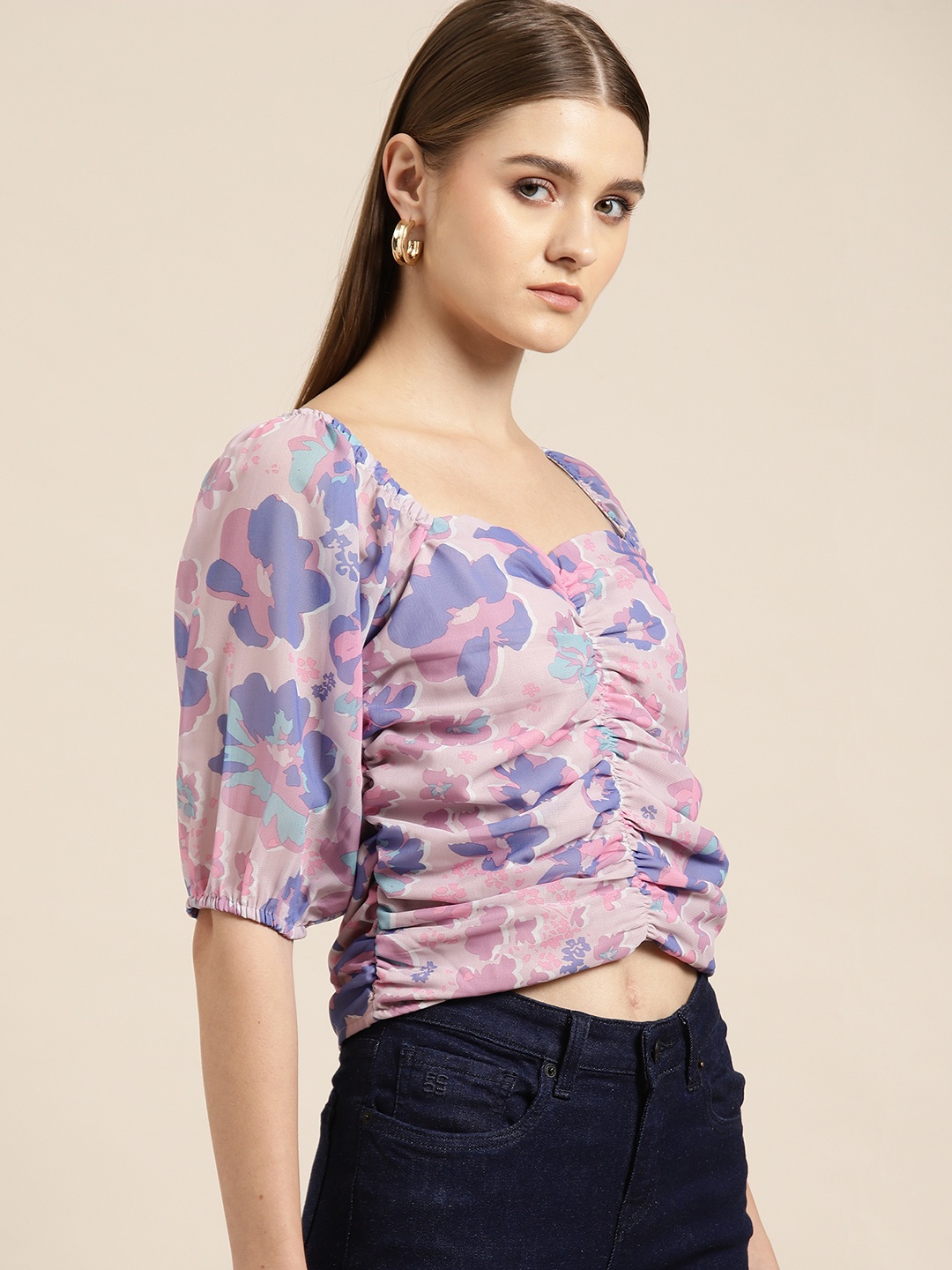 

her by invictus Ruched Floral Print Sweetheart Neck Puff Sleeves Top, Lavender