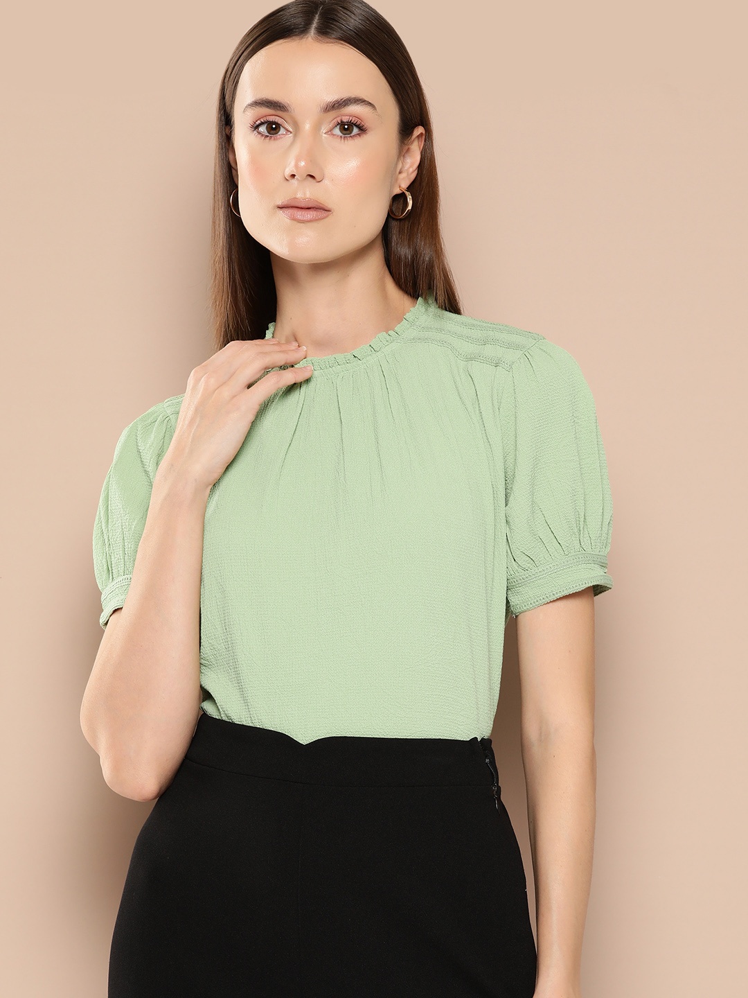 

her by invictus Crinkled Puff Sleeve Top, Green