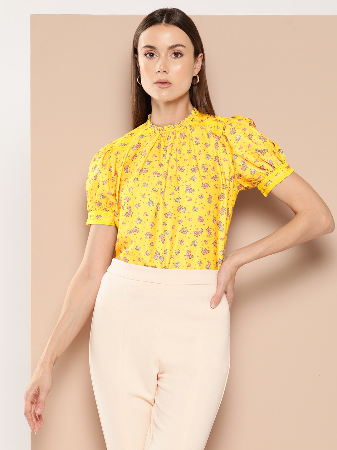 

her by invictus Floral Print Puff Sleeve Ruffles Top, Yellow