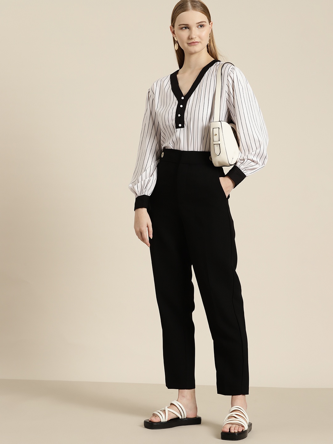 

her by invictus Vertically Striped Cuffed Sleeves Top with Button Detail, White