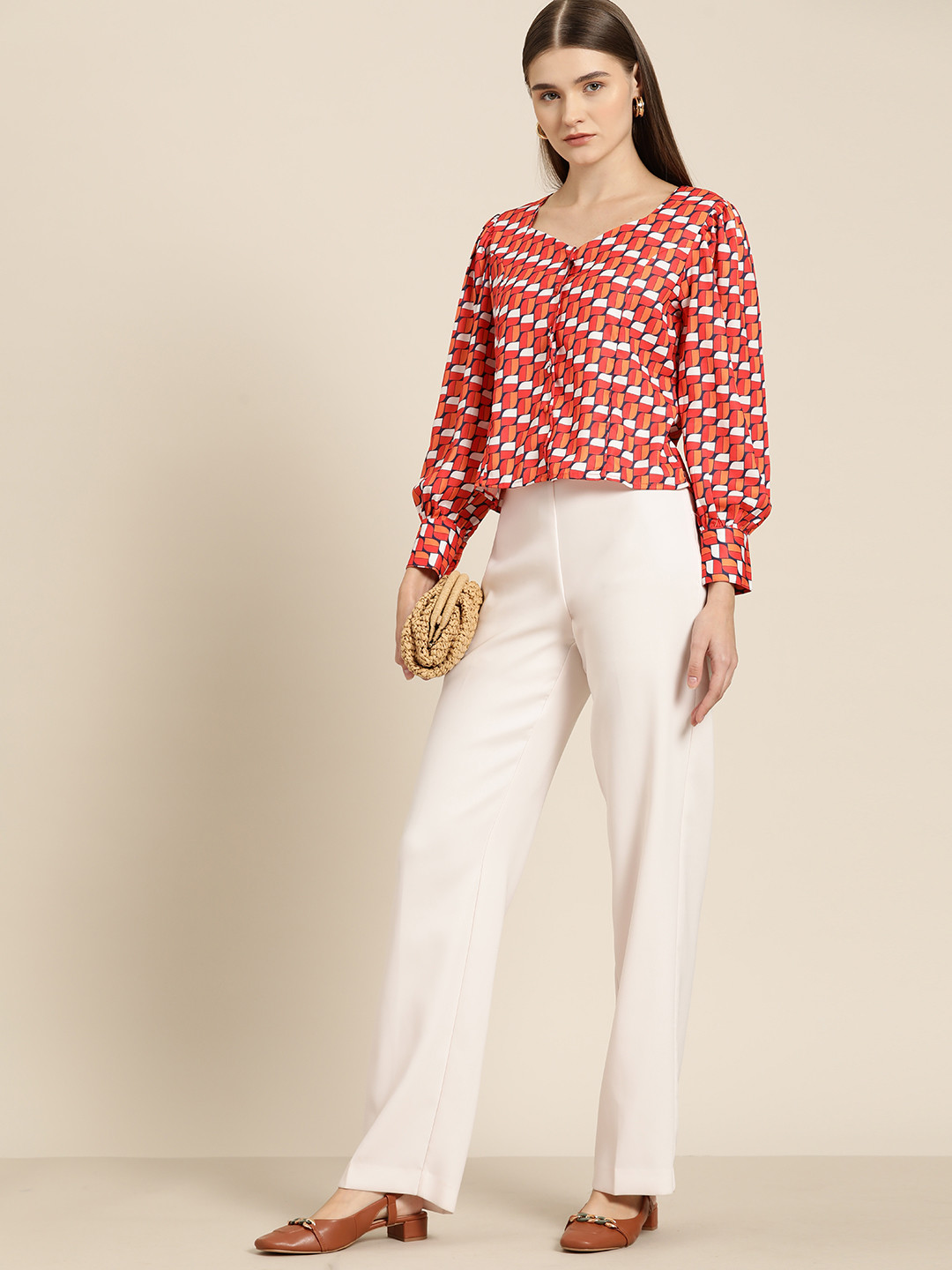 

her by invictus Geometric Print Sweetheart Neck Top, Red
