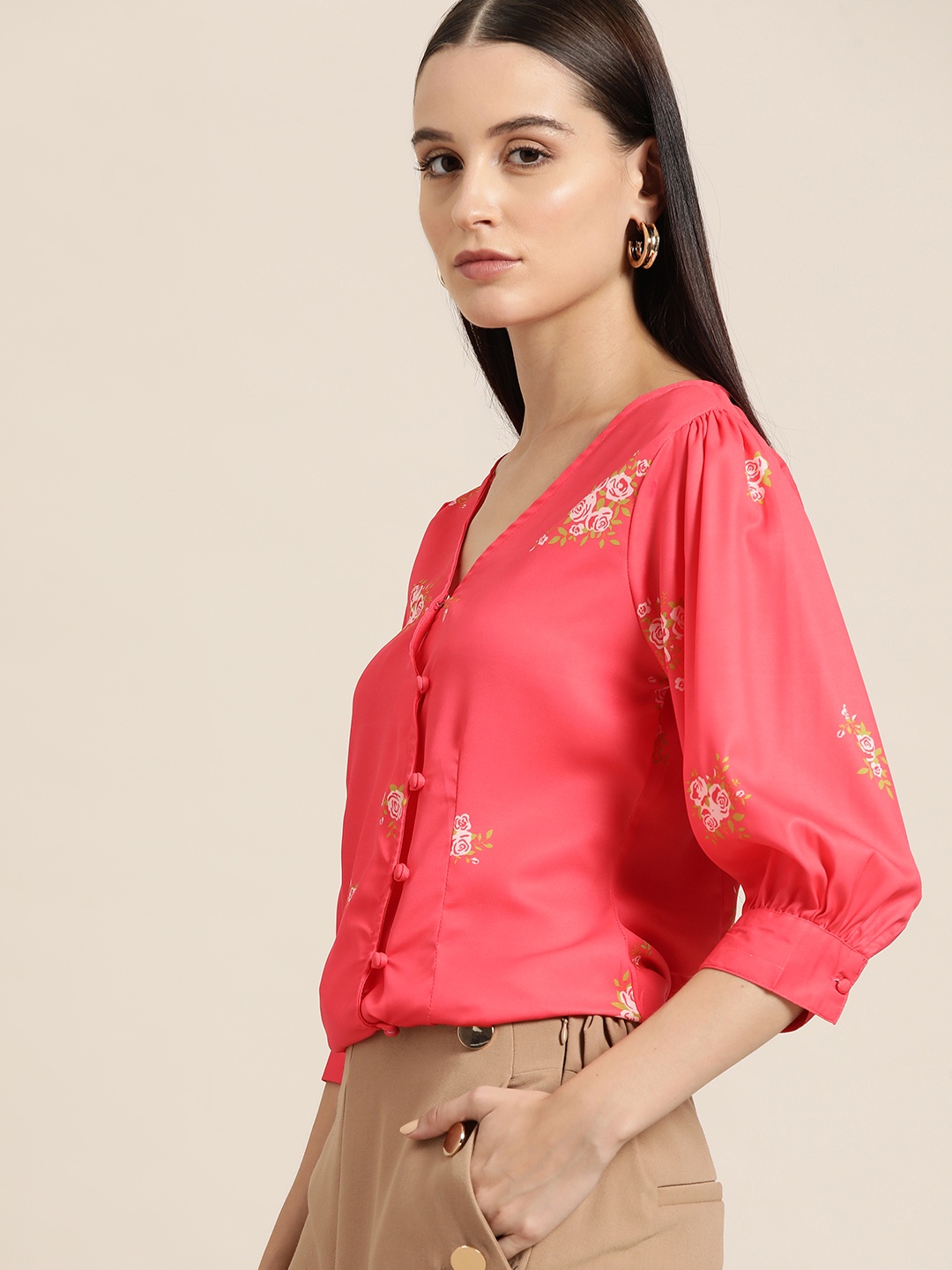 her by invictus Floral Print Wrap Design Top, Coral