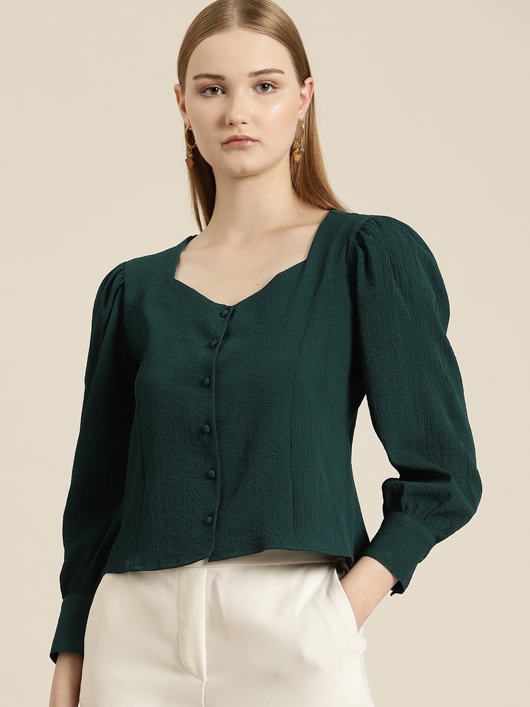 

her by invictus Seersucker Sweetheart Neck Shirt Style Top, Green