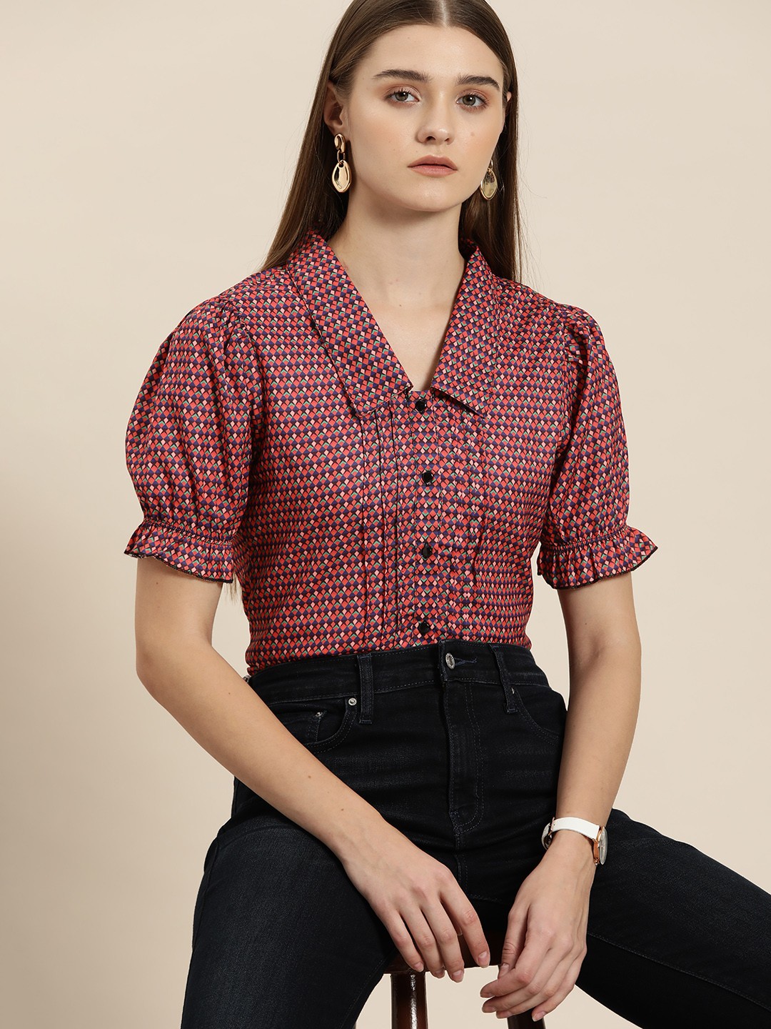 

her by invictus Geometric Print Puff Sleeve Shirt Style Top, Orange