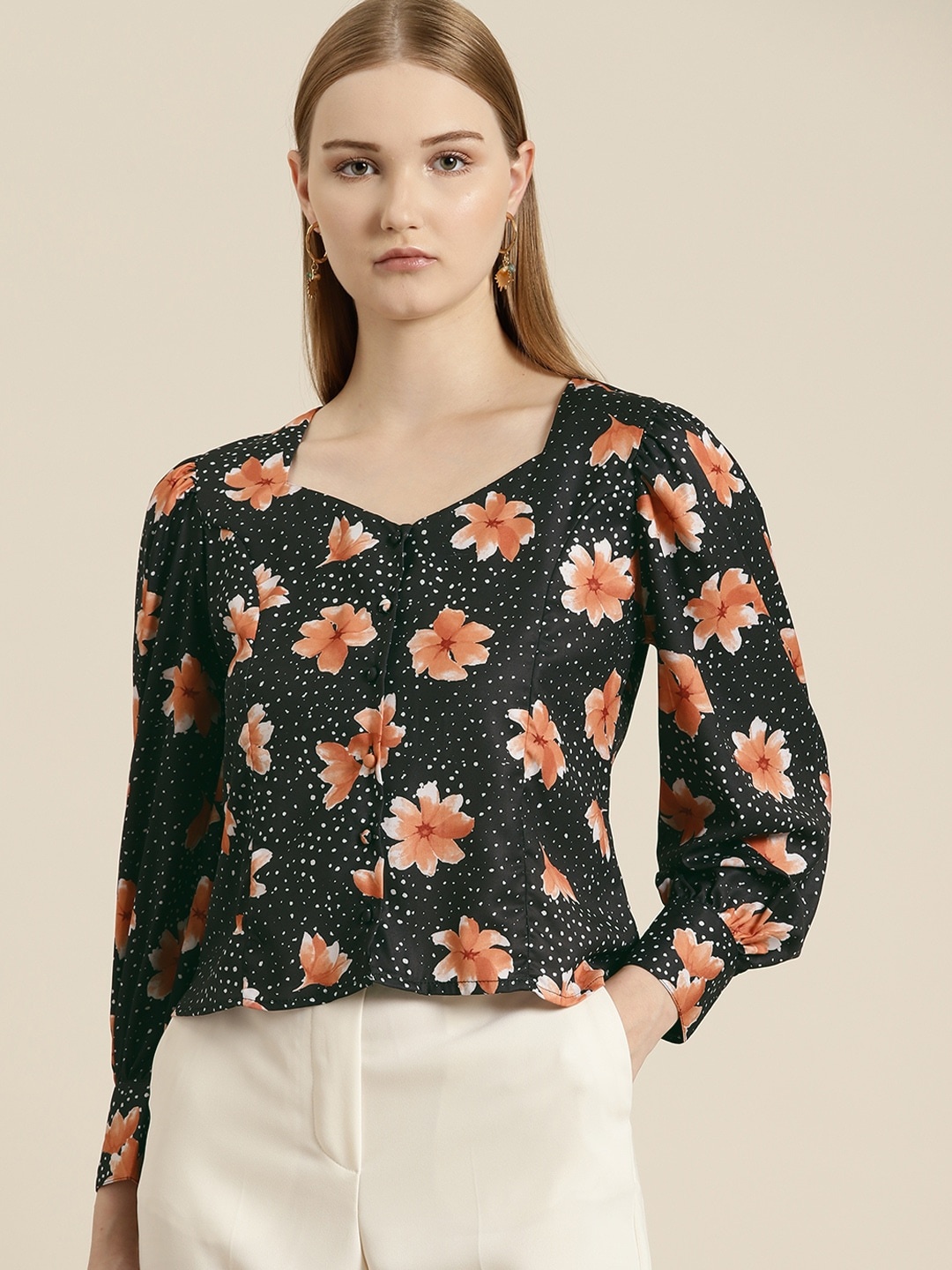 

her by invictus Floral Print Sweetheart Neck Shirt Style Top, Black