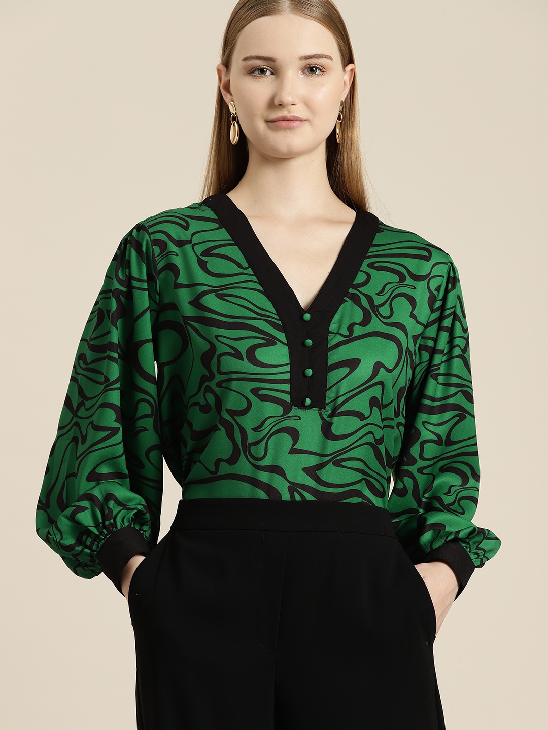 

her by invictus Abstract Printed Cuffed Sleeves Top with Button Detail, Green