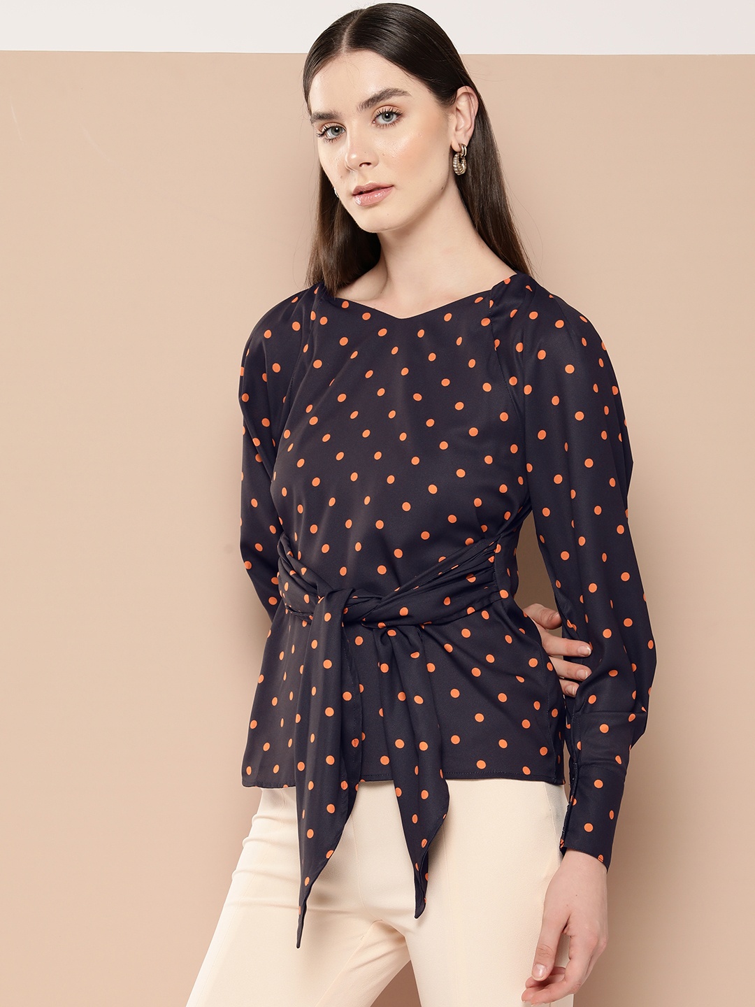 

her by invictus Waist Tie-Ups Polka Dot Printed Top, Black