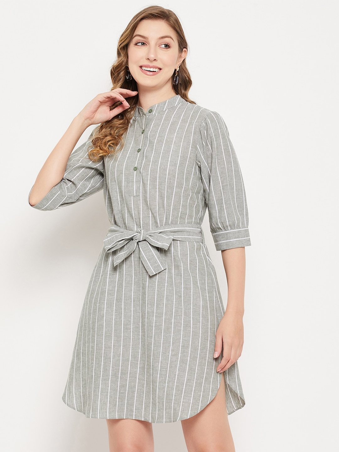 

Imfashini Striped Mandarin Collar Belted Cotton Shirt Dress, Grey