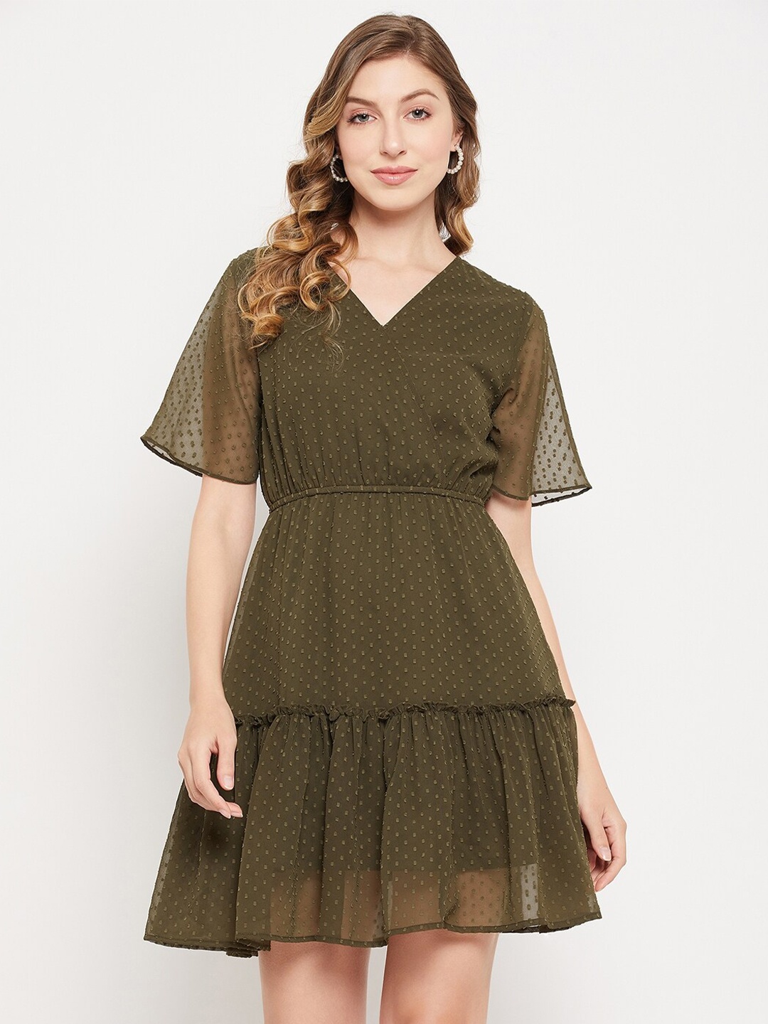 

Imfashini V-Neck Self Design Georgette Dress, Olive