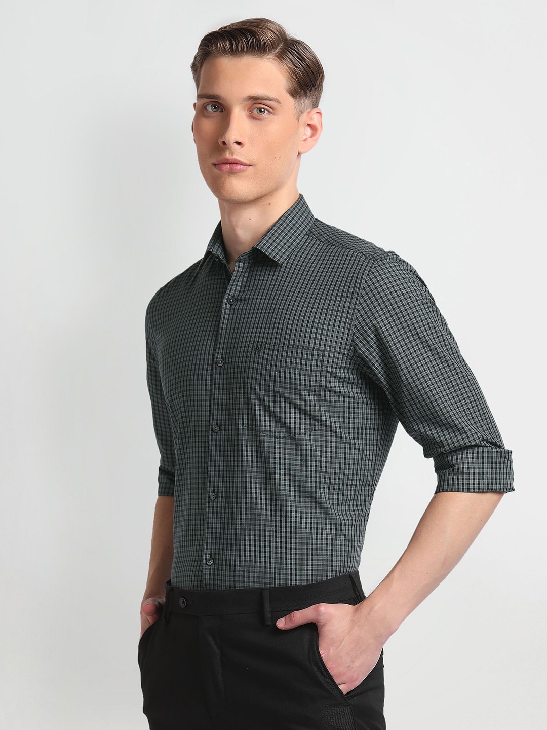 

Arrow Slim Fit Micro Checked Pure Cotton Casual Shirt, Grey