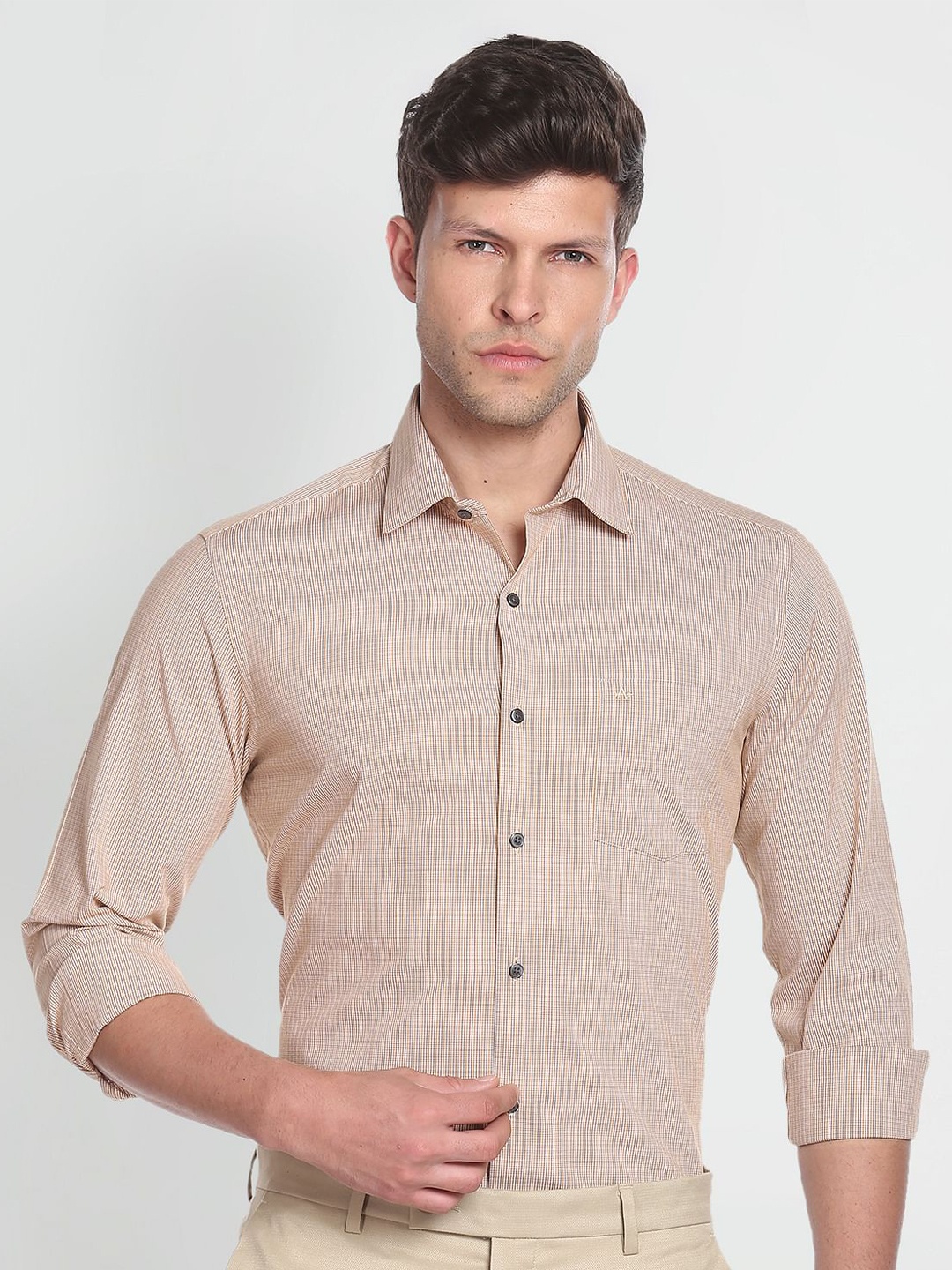 

Arrow Slim Fit Micro Checked Pure Cotton Casual Shirt, Beige