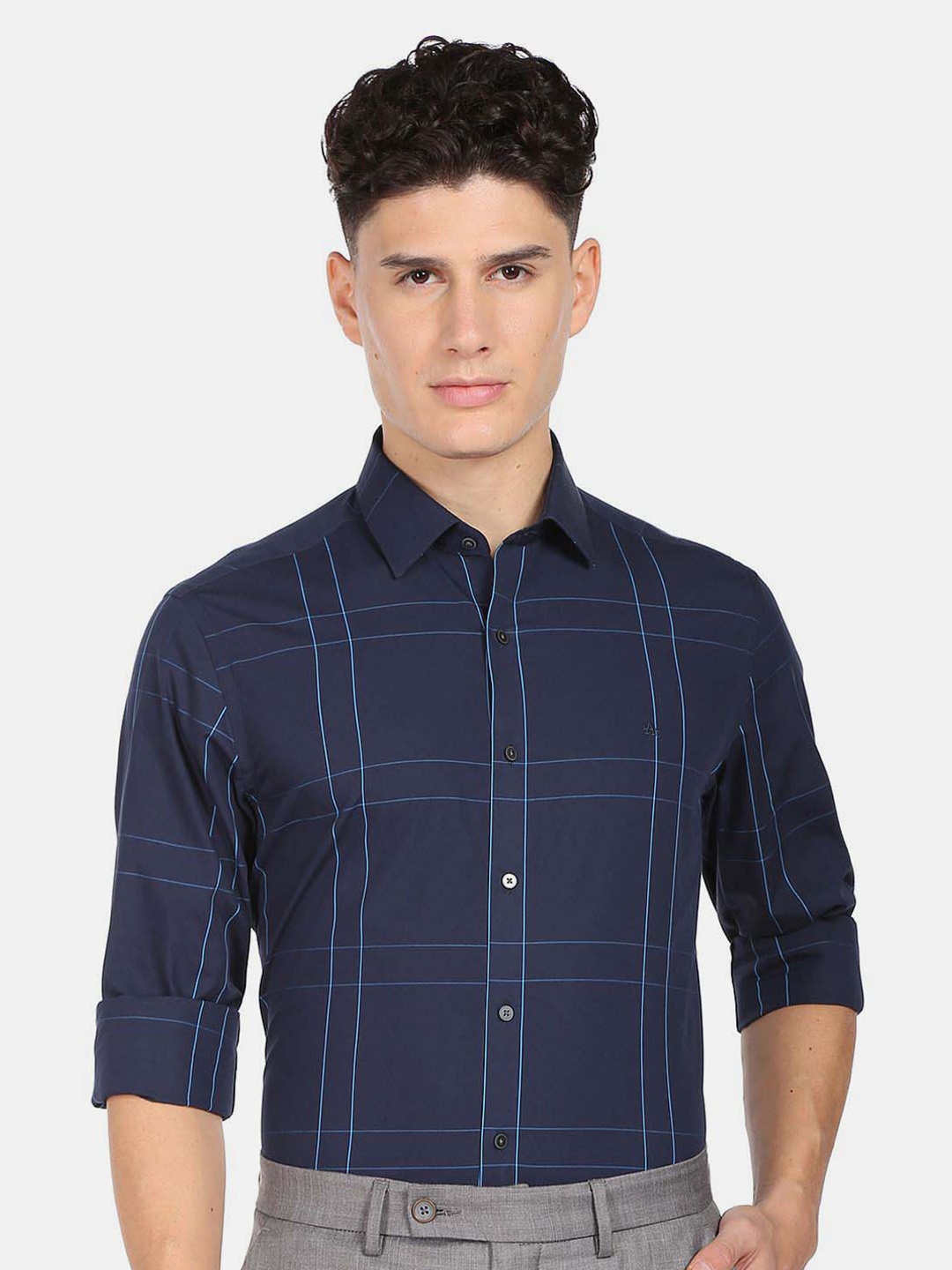 

Arrow Slim Fit Windowpane Checks Checked Pure Cotton Formal Shirt, Blue