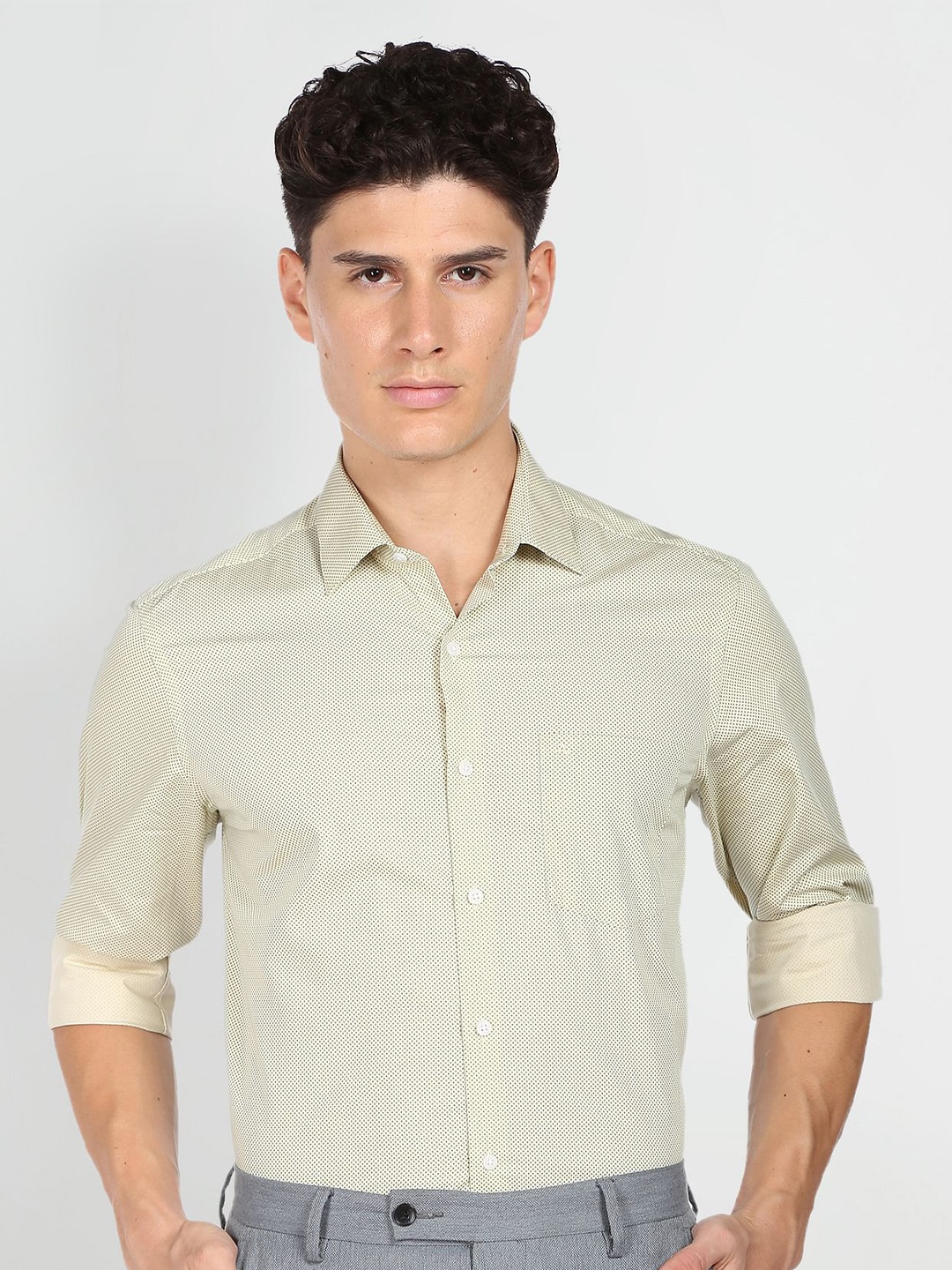 

Arrow Slim Fit Micro Ditsy Printed Pure Cotton Formal Shirt, Yellow