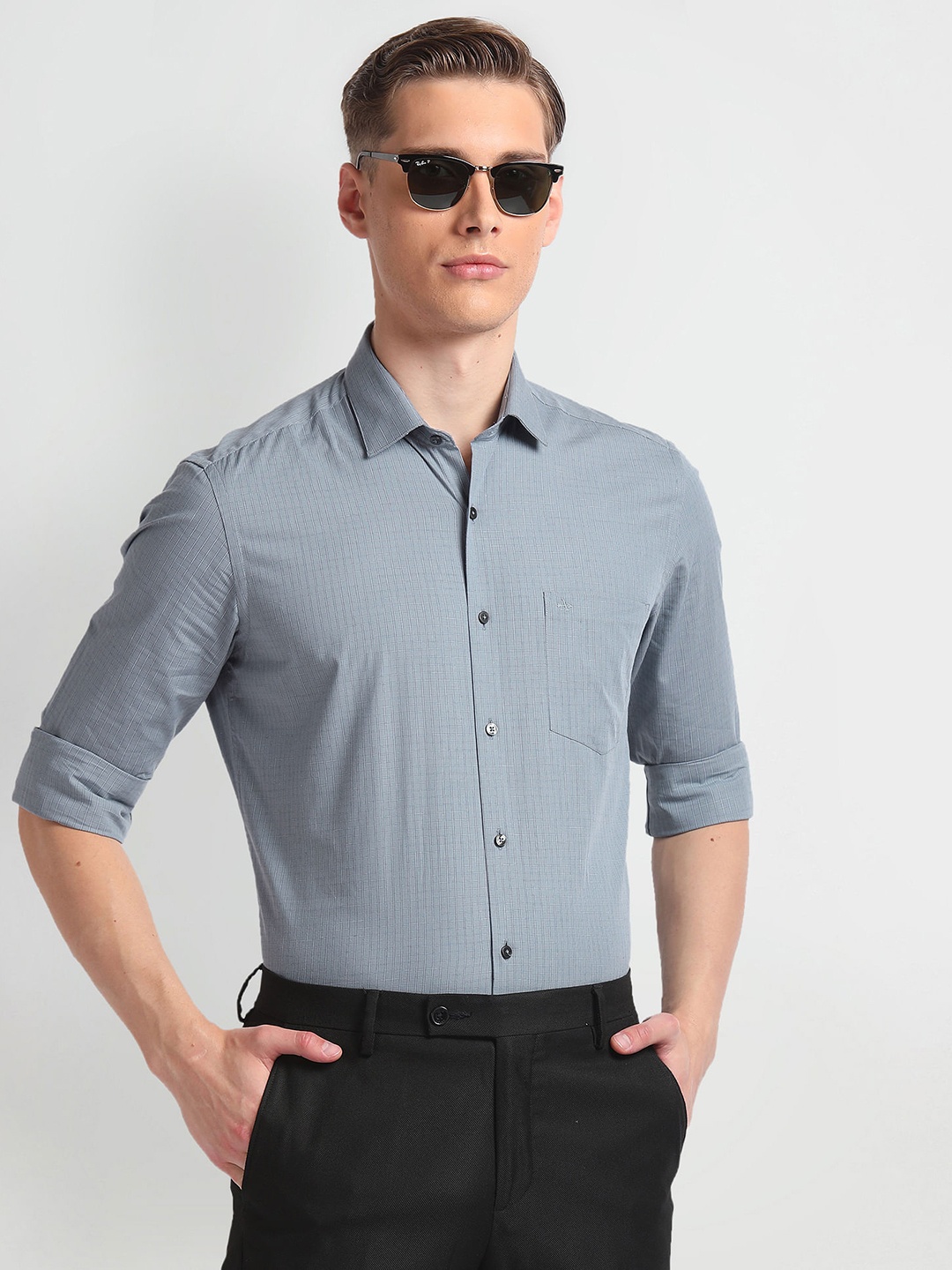 

Arrow Slim Fit Micro Checked Pure Cotton Casual Shirt, Grey