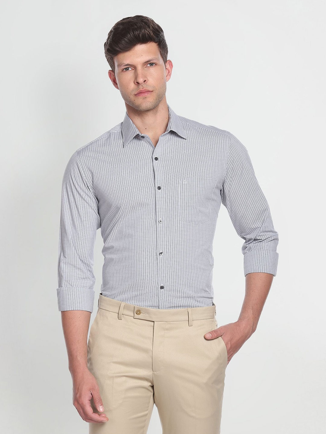 

Arrow Micro Checks Pure Cotton Slim Fit Formal Shirt, Grey