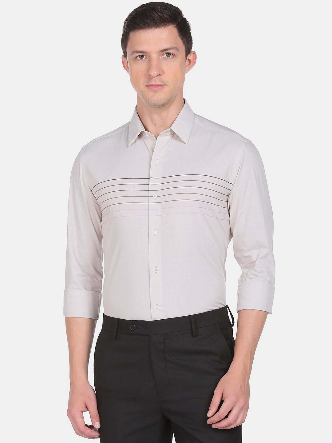 

Arrow New York Slim Fit Horizontal Stripes Striped Pure Cotton Formal Shirt, Beige