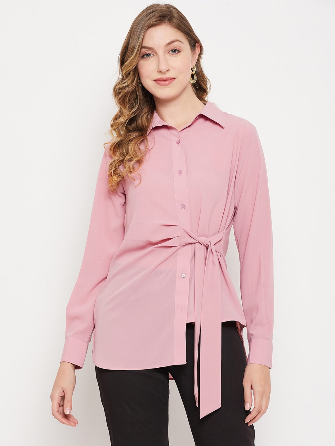 

Imfashini Shirt Collar Cuffed Sleeves Shirt Style Top, Pink