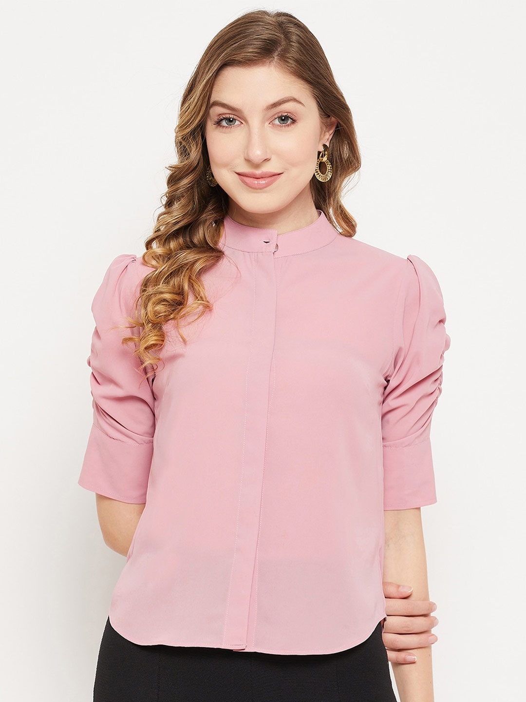 

Imfashini High Neck Puff Sleeve Shirt Style Top, Pink