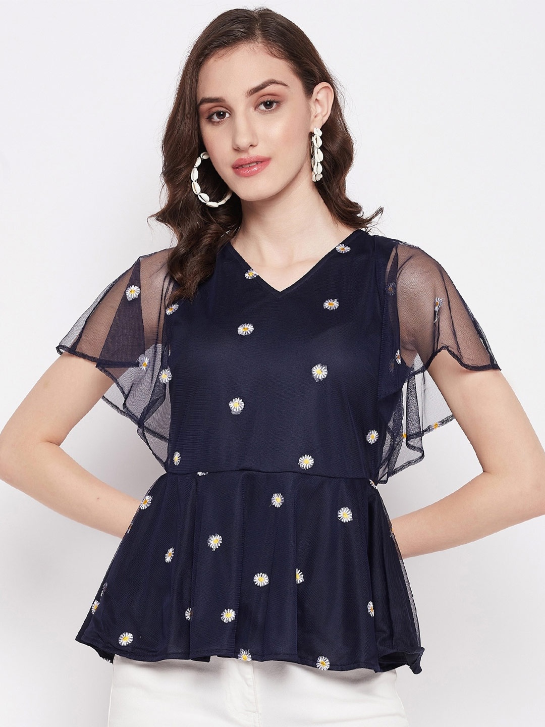 

Imfashini Floral Embroidered Flared Sleeves A-Line Top, Blue