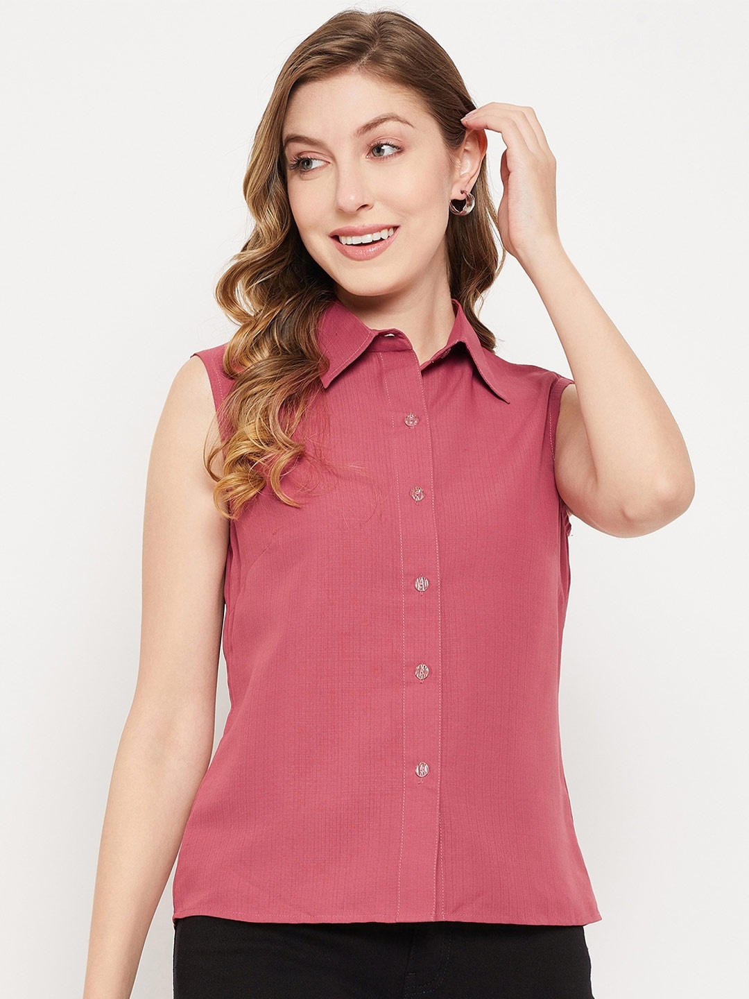

Imfashini Sleeveless Shirt Style Top, Peach