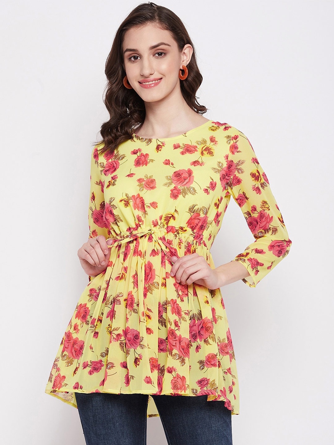 

Imfashini Floral Printed Cinched Waist Longline Georgette Top, Yellow