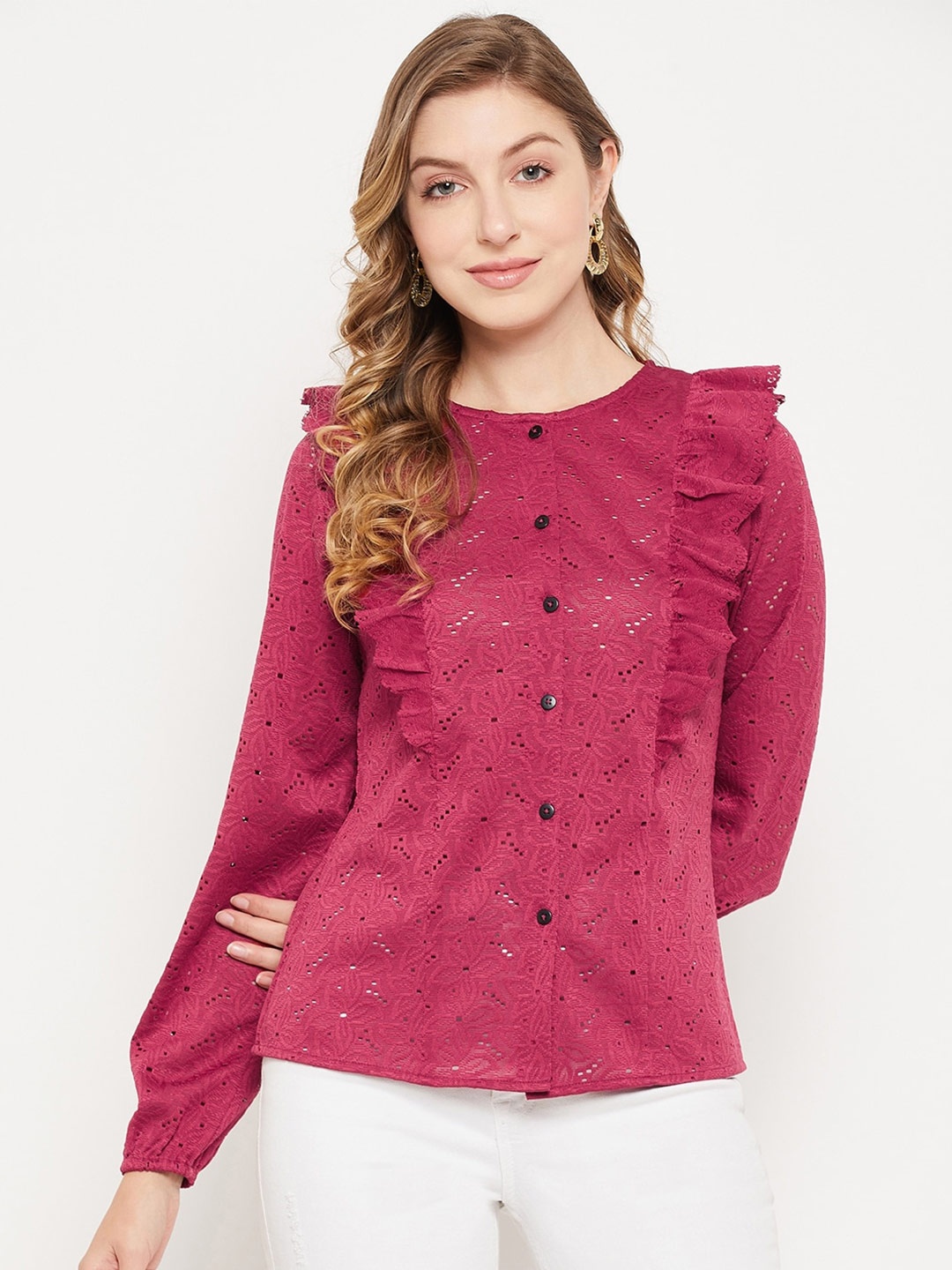 

Imfashini Self Design Schiffli Shirt Style Ruffle Top, Maroon