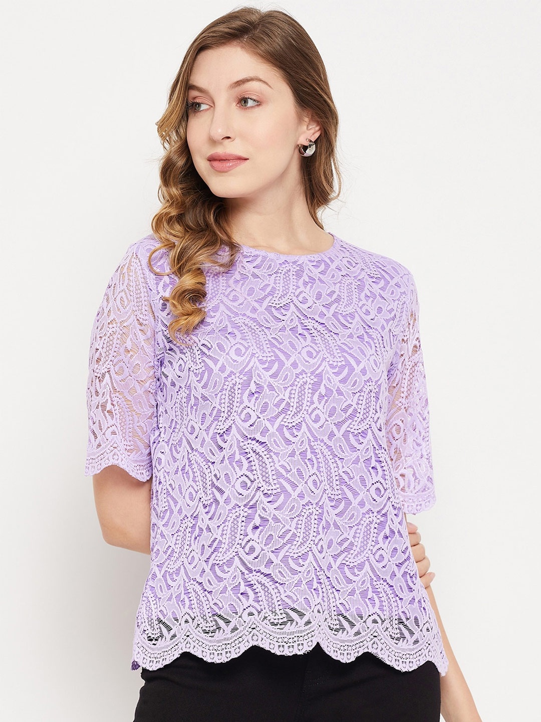 

Imfashini Lace-Up Detail Self Design Crepe Top, Lavender