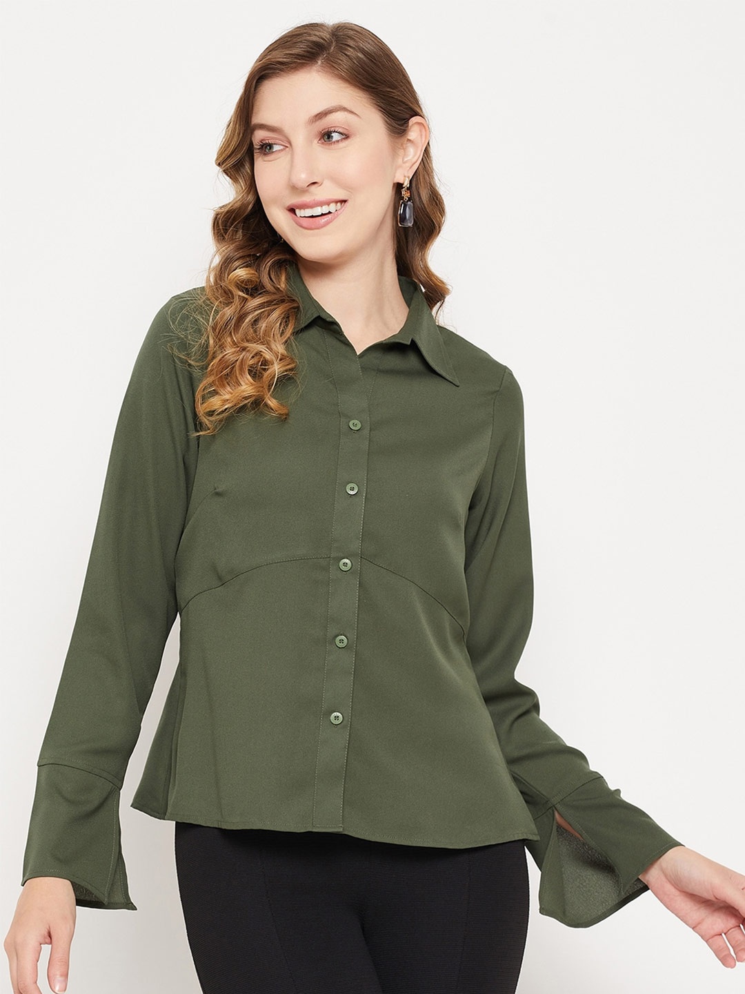 

Imfashini Spread Collar Crepe Shirt Style Top, Olive