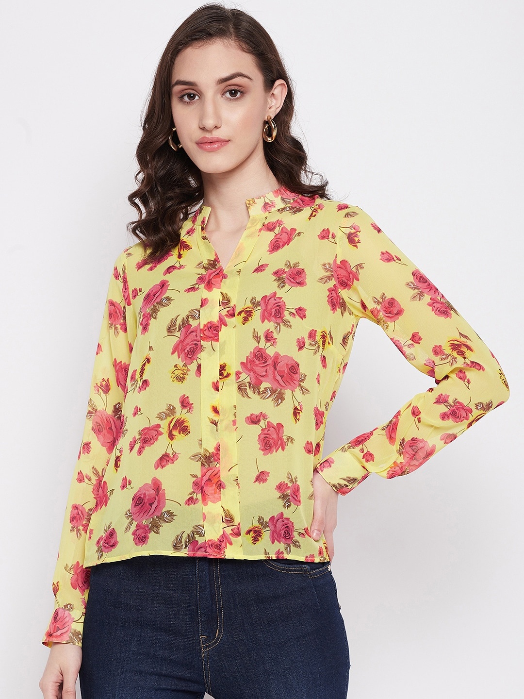 

Imfashini Floral Printed Mandarin Collar Georgette Shirt Style Top, Yellow