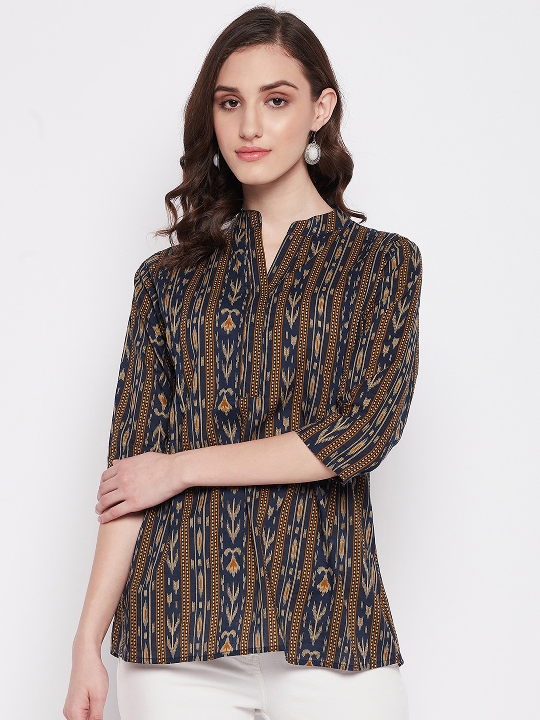 

Imfashini Ethnic Motifs Printed Mandarin Collar Cotton Top, Blue