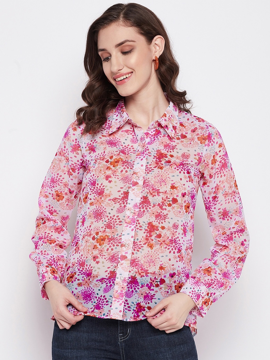 

Imfashini Cuffed Sleeves Floral Print Georgette Shirt Style Top, Pink