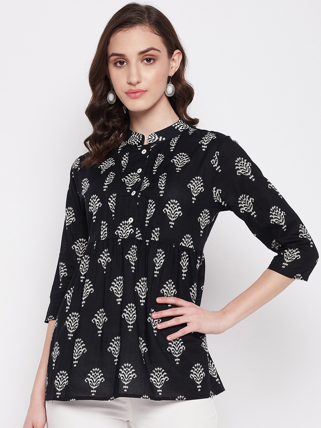 

Imfashini Ethnic Motifs Printed Mandarin Collar Empire Top, Black