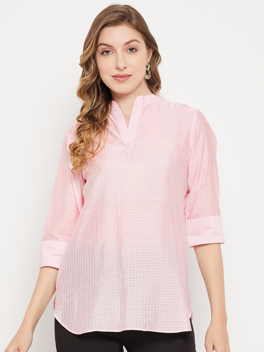 

Imfashini Checked Mandarin Collar Crepe Top, Pink