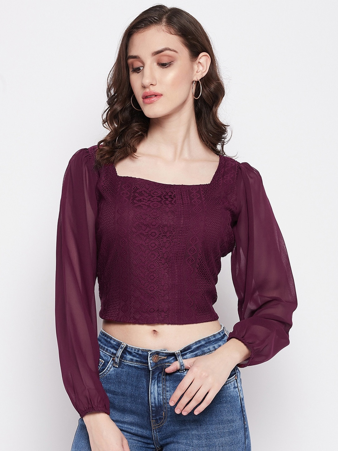 

Imfashini Self Design Puff Sleeves Lace Crop Top, Burgundy