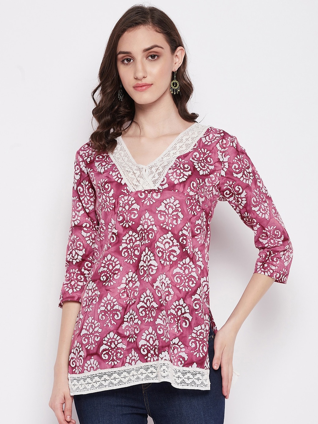 

Imfashini Ethnic Motifs Printed Lace Inserted Top, Pink