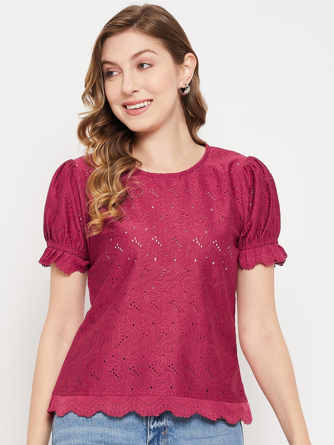 

Imfashini Self Design Puff Sleeves Top, Maroon