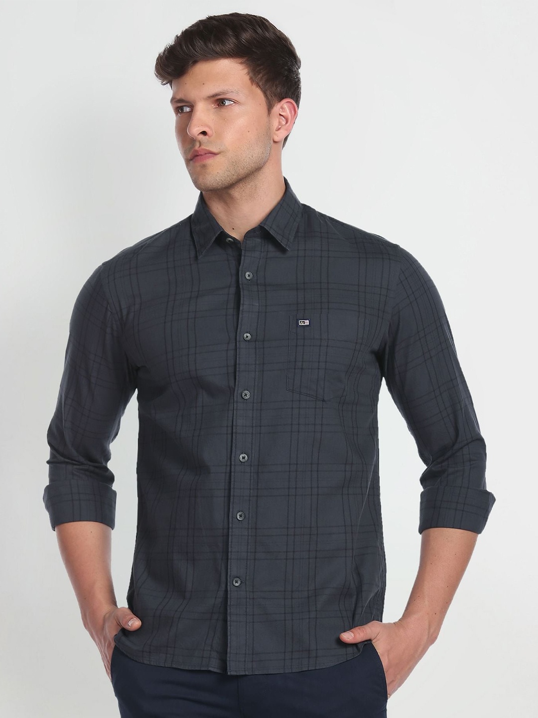 

Arrow Sport Slim Fit Windowpane Checked Pure Cotton Casual Shirt, Grey