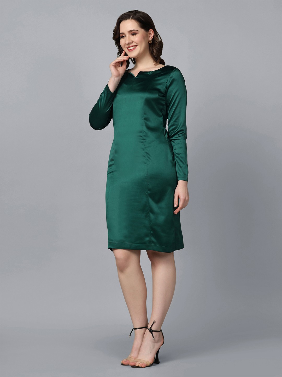 

PowerSutra Notch Neck Satin Sheath Dress, Green