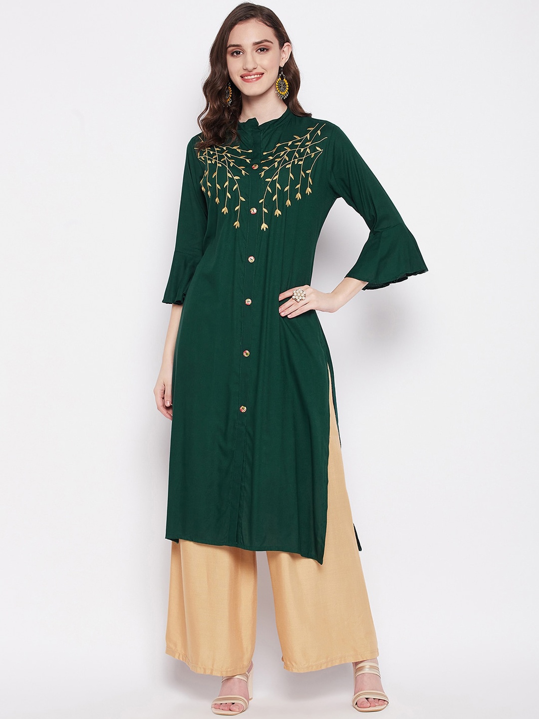 

Imfashini Band Collar Floral Embroidered A-Line Kurta, Green