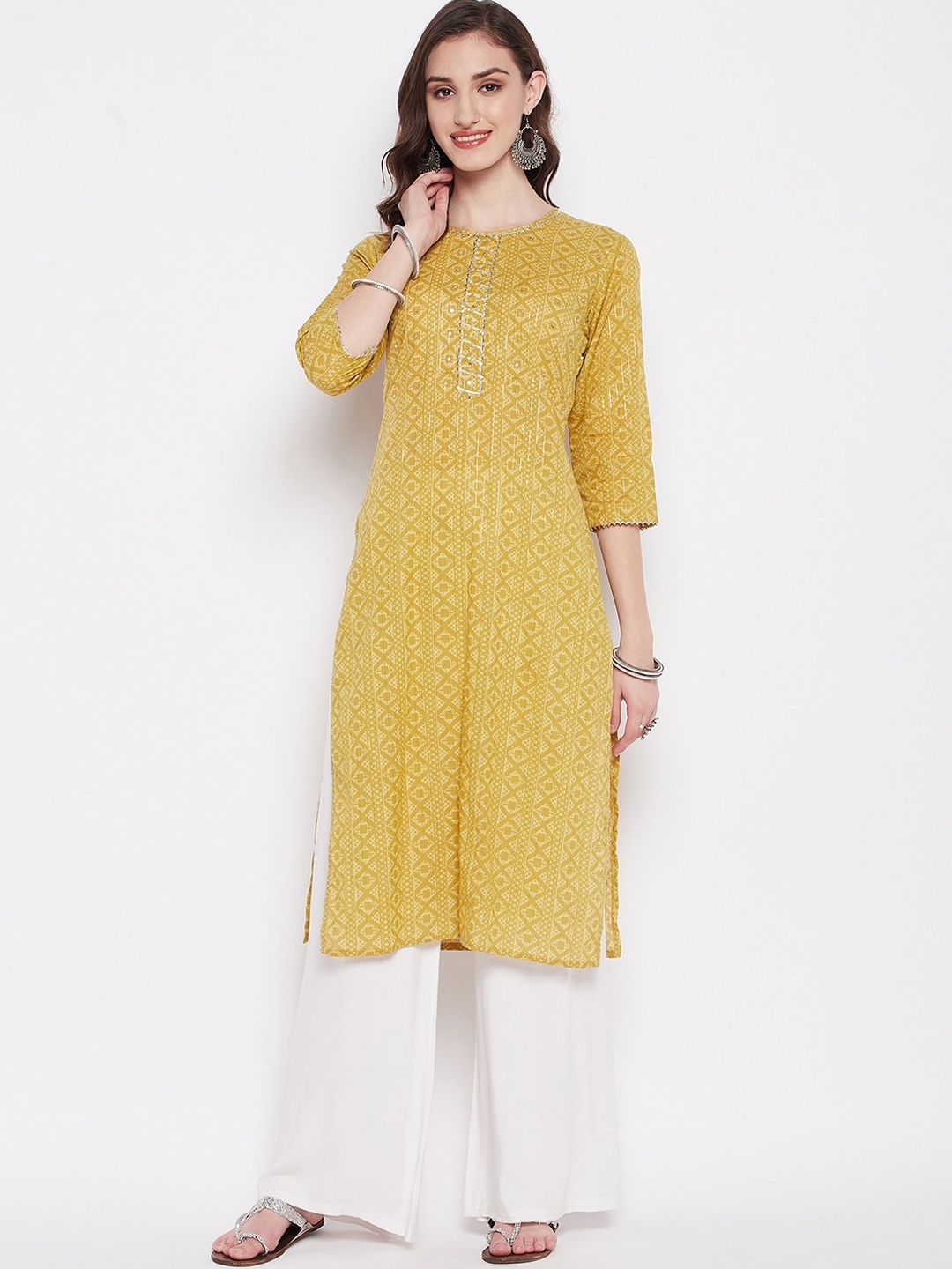 

Imfashini Ethnic Motifs Printed Sequined Straight Kurta, Mustard