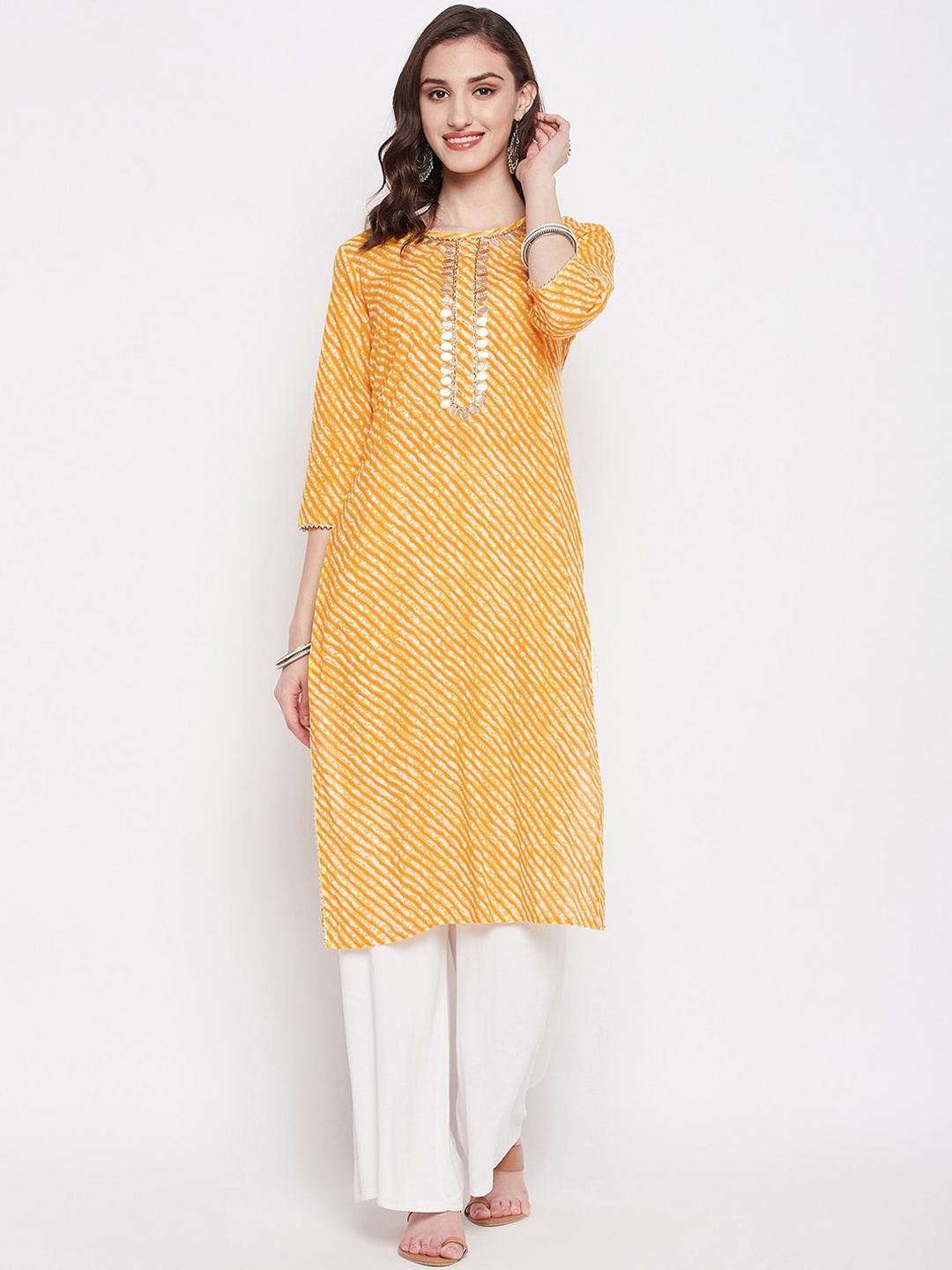 

Imfashini Leheriya Printed Gotta Patti Straight Cotton Kurta, Mustard