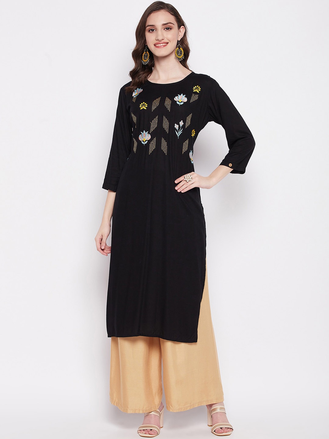 

Imfashini Ethnic Motifs Embroidered Long Sleeves Straight Kurta, Black