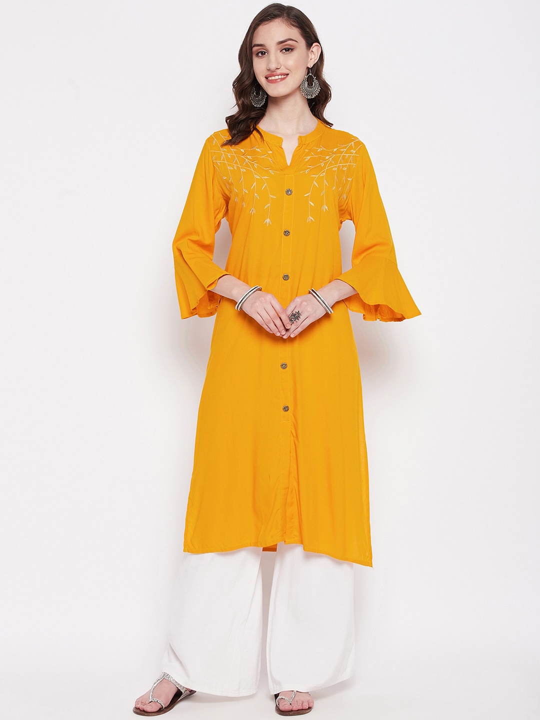 

Imfashini Floral Embroidered Bell Sleeves Kurta, Yellow